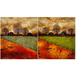 Kerry Darlington (Welsh 1974-): Autumnal Cottages and Trees in Gold and Orange, pair original mixed media with acrylic and resin on board 27cm x 23cm (2)