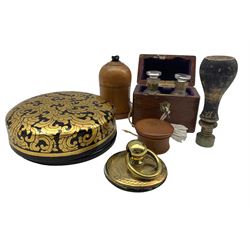 Mahogany and brass scent caddy with lined interior containing two bottles of scent by Lescol, with treen items including string box with finial cutter, turned desk seal , black lacquer coaster set, etc (6)