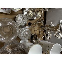 Collection of cut glass including tumblers, sherry glasses, sundae dishes etc, silver plated epergne, silver-plated candlesticks, Aynsley Cottage Garden and other decorative ceramics, glass and plate in three boxes