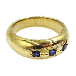 9ct gold sapphire three stone gypsy set ring, hallmarked
