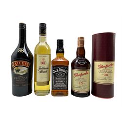 Bottle of Glenfarclas Highland single malt Scotch whisky, aged 15 years in cardboard tube 70cl 46%, another without tube, bottle of Jack Daniels whisky and two other bottles
