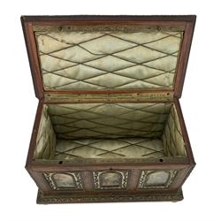 Mid-19th century kingwood casket, by Alphonse Giroux & Co, the hinged cover and sides  inlaid with brass marquetry panels of scrolling foliage on ivory, within moulded gilt brass borders, the front with three arched glazed panels with watercolour inserts depicting figures in a landscape, with silk lined interior, the lock plate signed 'Alph Giroux  À Paris', L22.5cm, H16cm, W13cm. This item has been registered for sale under Section 10 of the APHA Ivory Act