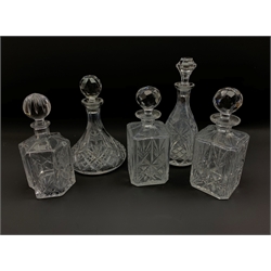 Pair of square section glass decanters, ships decanter and two other decanters (5)