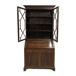 George III figured mahogany bookcase bureau, projecting dentil cornice over astragal glazed doors, fall-front with fitted interior over two cock-beaded drawers and panelled cupboard, bracket feet