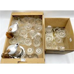 Collection of pressed glass tankards, two Picquot ware hot water pots, champagne bowls etc 