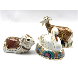Royal Crown Derby 'Nanny Goat' paperweight, exclusive from the Derby visitors centre, another 'Swan' and another 'Guinea Pig' all with gold stoppers