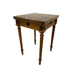 Louis XVI design walnut occasional table, square top over arcade carved frieze with with carved flowerhead insets, raised on fluted tapered supports