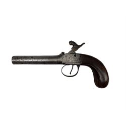 19th century percussion pistol with engraved lock and mahogany grip overall length 23cm