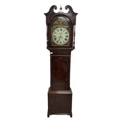 A Victorian 30hr mahogany cased longcase clock c1860, hood with a swans neck pediment and ball and spire finial, break arch hood door flanked by two ring turned pillars, trunk with reeded moulding to the edge, long hood door with a wavy top, conforming plinth raised on a shaped base, with a fully painted dial, spandrels representing the four continents and a depiction of Britannia to the arch, dial with roman numerals, fifteen minute Arabic's and minute track, matching stamped brass hands, dial inscribed “Jn Telford, Wigton” with a semi-circular date aperture and calendar disc behind, chain driven movement striking the hours on a bell. With pendulum and weight.



