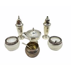 Silver panel sided three piece condiment set Sheffield 1948 Maker Viners, Victorian silver cauldron shape salt and pair of glass salts with silver rims 