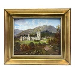 Rectangular porcelain panel hand painted with a view of Balmoral Castle, signed Evans, set within gilt frame (a/f), 20cm x 25cm 