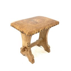 Yorkshire oak - Thomas 'Gnomeman' Whittaker of Littlebeck stool, with studded leather upholstered top raised on adzed panel end supports united by pegged stretcher, carved with Gnome signature W39cm, D28cm, H39cm