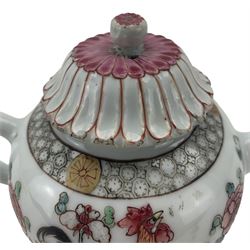 Chinese famille rose teapot, Qianlong period, of compressed spherical form with lotus moulded cover and naturalistic flowering branch work base, the body enamelled with two black cockerels amongst rockwork and flowering branches within grey cell pattern borders, H12cm. Provenance: From the Estate of the late Dowager Lady St Oswald