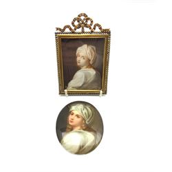 After After Guido Reni (1575-1642) Beatrice Cenci, portrait miniature on ivory, within ornate brass frame, 6.5cm x 8.5cm together with a German oval porcelain plaque painted with the same subject, signed Brödel, printed fleur des lys mark and Firenze verso, 8.5cm x 7cm (2)