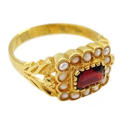 Silver-gilt garnet and seed pearl cluster ring, stamped Sil