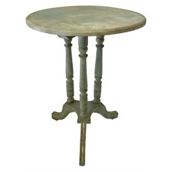 19th century satinwood wine table, circular top with chamfered edge decorated with veined copper detail, triple turned pillars on platform with three splayed supports, in pale blue and green marbled and wax finish