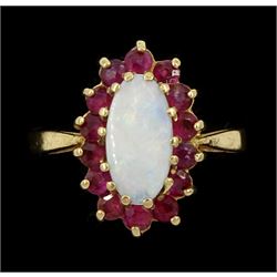  9ct gold opal and ruby cluster ring, hallmarked
