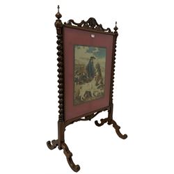 Victorian fire screen, the rosewood frame with spiral turned columns surmounted with finials surrounding wool-work panel depicting Scottish gamekeeper 