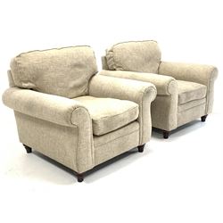 Pair of contemporary armchairs, with loose cushions, upholstered in natural linen, raised on turned supports W100cm 