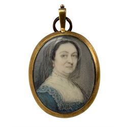 Attributed to Samuel Cotes (1734-1818) - Oval head and shoulders portrait miniature, watercolour on ivory of a lady wearing a lace trimmed dress, indistinctly signed 'S 17' and with old label verso 3.5cm x 2.5cm. This item has been registered for sale under Section 10 of the APHA Ivory Act