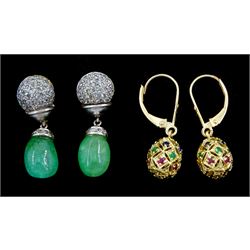 Pair of 9ct gold ruby, emerald and sapphire egg pendant earrings, stamped and a pair of 9ct gold and silver aventurine quartz and rose cut diamond pendant earrings