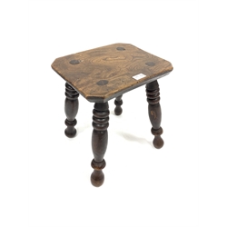 19th century elm top stool on four turned supports,  34cm x 27cm, H40cm