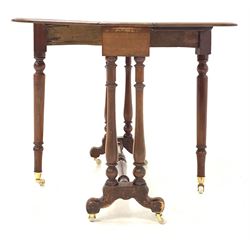 Victorian mahogany drop leaf Sutherland tea table, the rectangular double drop leaf moulded top raised on turned columns leading to a splayed support and two castors at each end W84cm, H69cm 
