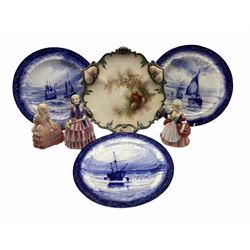 Three Royal Crown Derby blue and white plates decorated with sailing boats Pattern 4613, Hadley's Worcester plate painted with gooseberries and three Royal Doulton figures Biddy HN1513, Rose HN1368 and Valerie HN2107