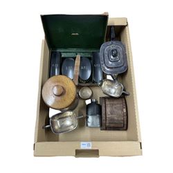 Mappin & Webb leather cased ebony backed brush set, three-piece silver plated tea set, oak box and cover, pewter and glass hip flask etc in one box
