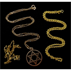 9ct gold Star of David pendant, on 10ct gold figaro chain necklace and two 9ct gold necklaces, all stamped or hallmarked