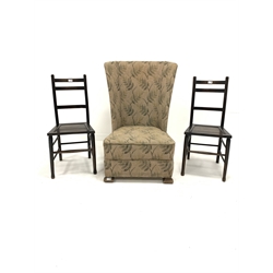 Early 20th century high back upholstered wingchair, raised on oak moulded oak front supports, (W60cm) together with two stained beech side chairs, (W39cm)