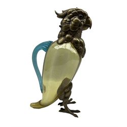 Novelty glass claret jug in the form of a parakeet with glass body and handle with gilt hinged head and feet H32cm