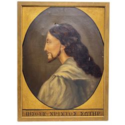 Greek Orthodox School (Early 20th century): Side Profile Portrait of 'Jesus Christ Saviour', oil on canvas inscribed in Greek, gilt oval boarder 60cm x 45cm