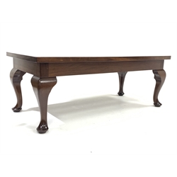 Rectangular inlaid mahogany coffee table, raised on cabriole supports,  by Shackleton of Snainton, 123cm x 57cm, H46cm