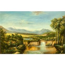 Continental School (20th century): Waterfall landscape with distant mountains, oil on canvas unsigned 60cm x 90cm