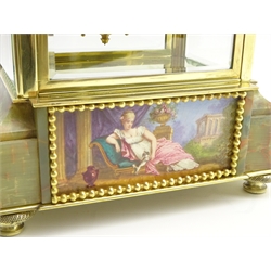 Late 19th century onyx and gilt metal four glass mantel clock, Sevres hand painted porcelain panels depicting urn with putti and maiden, both signed Poitevin, circular enamel Arabic dial, twin train 8-day movement striking the hours and half on coil, mercury pendulum, movement back plate stamped 'Marque Deposer' '3625 41', H33cm, W21cm, D13cm