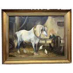 R Dalton (English Naïve School 20th century): Horse in Stable Scene, oil on canvas signed 51cm x 69cm
