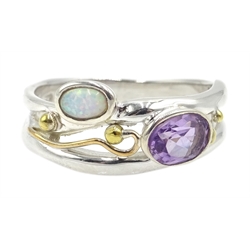 Silver and 14ct gold wire opal and amethyst ring, stamped 925