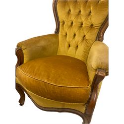 Pair late 20th century French style armchairs with cresting rail carved with leafed scroll, upholstered in buttoned mustard fabric 