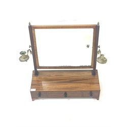 19th century mahogany toilet swing mirror, with brass sconces, reeded uprights and three trinket drawers W56cm