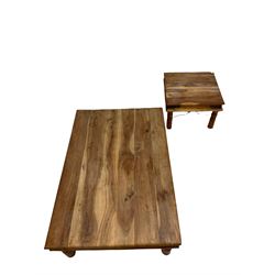 Two Mexican pine coffee tables, raised on turned supports 
