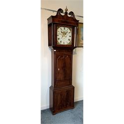 Late Georgian figured mahogany longcase clock, the hood with swan neck pediment surmounted by brass ball finial over case with boxwood and ebonised inlay, white enamel dial with moon phase and Roman chapter ring, inscribed 'Blakeborough Burnley' eight day movement H222