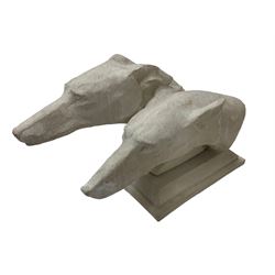 Cast composition stone study of two Greyhound heads after M. Bertin 'At the finishing Line', on plinth