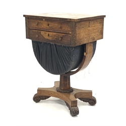 William IV rosewood sewing table, rectangular top over drawer and sliding upholstered bag of curved form, the curved support with octagonal column on concave platform, acanthus carved c scrolled feet with concealed castors, with content, 54cm x 41cm, H78cm 