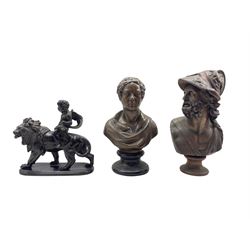 Spelter figure of a cherub riding on a lion L21cm, a coppered finish bust H30cm and a bronzed bust