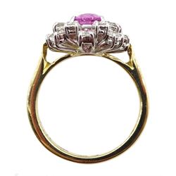 18ct gold oval pink sapphire and diamond cluster ring, hallmarked, sapphire approx 1.20 carat, total diamond weight approx 0.65 carat
