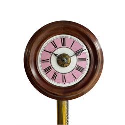 A late 19th century German “postman's” alarm clock with a 11” wooden bezel and 7” dial with contrasting pink chapter ring and black Roman numerals, with pierced steel hands and a brass alarm setting disc, chain driven 30hr movement with wooden plates and brass wheels and lantern pinions, alarm sounding on a brass bell.
With two weights and pendulum.



