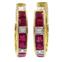 Pair of 18ct gold calibre cut ruby and round brilliant cut diamond hoop earrings, stamped 750