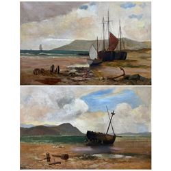 WN (British Early 20th century): Beached Ships on the Shoreline, pair oils on canvas signed and dated 1926, 50cm x 75cm (2)