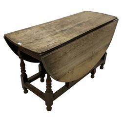 18th century oak drop-leaf oval dining table, fitted with single drawer, raised on turned gate-leg supports